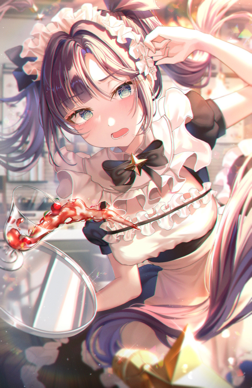1girl absurdres apron bangs blush breasts clumsy confused dress frilled_dress frills genshin_impact hair_between_eyes hair_ornament hair_ribbon highres holding lisa_78 long_hair looking_at_viewer maid maid_apron maid_headdress mona_(genshin_impact) open_mouth ribbon solo tray twintails