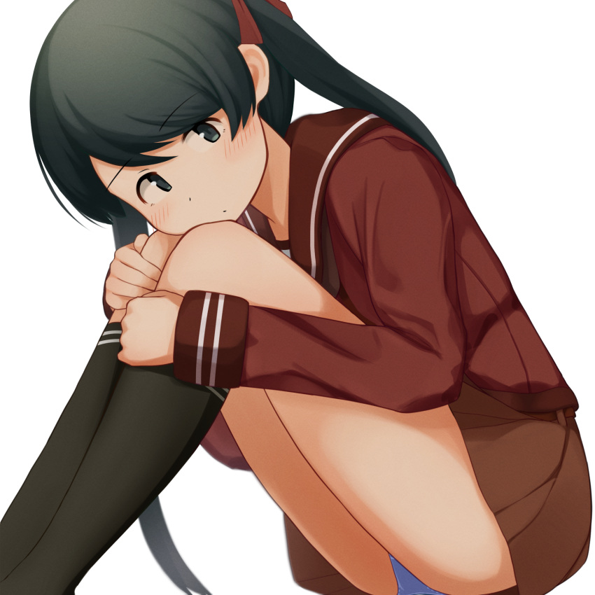 1girl bangs black_eyes black_hair black_legwear blue_panties blush brown_skirt closed_eyes closed_mouth commentary hair_ribbon highres hugging_own_legs kantai_collection kneehighs long_hair long_sleeves looking_at_viewer mikuma_(kancolle) panties pantyshot red_ribbon red_sailor_collar ribbon sailor_collar school_uniform serafuku simple_background sitting skirt solo twintails underwear white_background yotubawatane