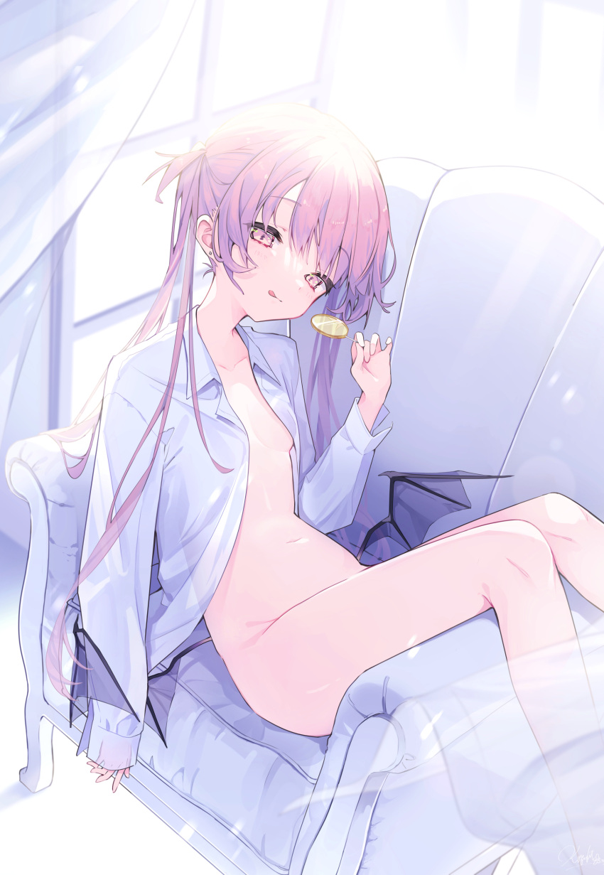 1girl absurdres artist_name bangs breasts closed_mouth couch curtains demon_girl demon_wings ear_piercing feet_out_of_frame highres koyubita licking_lips long_hair looking_at_viewer naked_shirt navel on_couch original piercing pink_eyes pink_hair shirt signature sitting sleeves_past_wrists small_breasts solo tongue tongue_out twintails white_shirt window wings