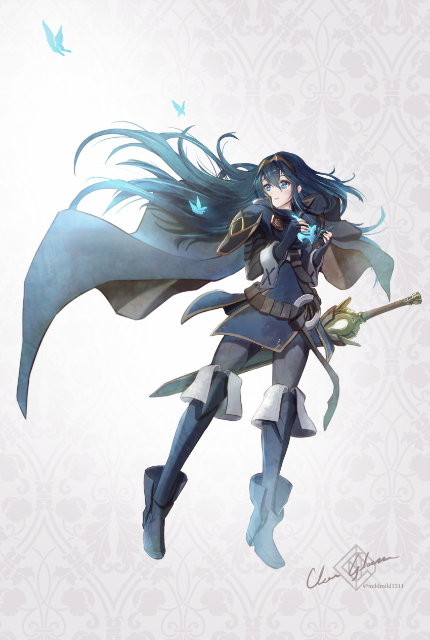 1girl absurdres armor bangs belt blue_cape blue_eyes blue_footwear blue_gloves blue_hair boots bug butterfly cape clear_glass_(mildmild1311) falchion_(fire_emblem) fingerless_gloves fire_emblem fire_emblem_awakening full_body gloves hair_between_eyes highres holding holding_mask long_hair lucina_(fire_emblem) mask mask_removed sheath sheathed shoulder_armor solo sword thigh_boots tiara twitter_username weapon