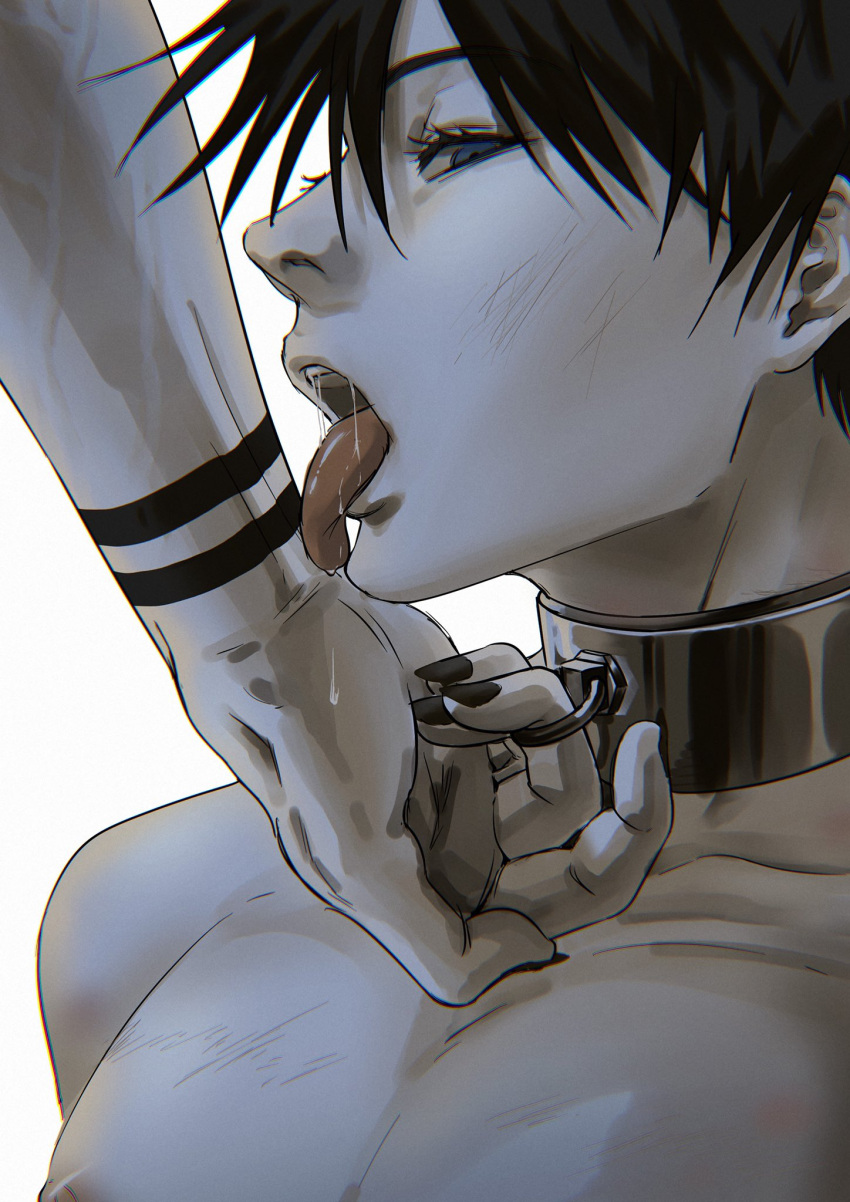 2boys arm_tattoo bad_id bad_twitter_id black_hair black_nails blue_eyes collar collarbone eyelashes fingernails fushiguro_megumi gae_1222 highres inactive_account jujutsu_kaisen licking licking_arm looking_at_viewer male_focus metal_collar multiple_boys nail_polish nipples nose nude open_mouth ryoumen_sukuna_(jujutsu_kaisen) saliva saliva_drip saliva_trail scratches sharp_fingernails simple_background spiked_hair tattoo tongue tongue_out veins white_background yaoi