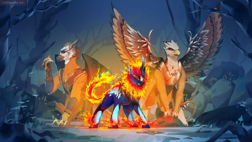 absurd_res ambiguous_gender armor asian_mythology avian beak black_beak blue_body blue_fur brown_body brown_feathers chinese_mythology claws east_asian_mythology fan_character feathered_wings feathers feral fire flaming_hair flaming_mane flaming_tail forest fur grey_body grey_feathers group gryphon hasbro hi_res horn kirin littlepolly long_tail makari_(oc) mane my_little_pony mythological_avian mythology open_mouth ospreay_(oc) plant pseudo_hair pseudo_mane smile spread_wings tree trio tundra_(oc) white_body white_feathers wings yellow_beak