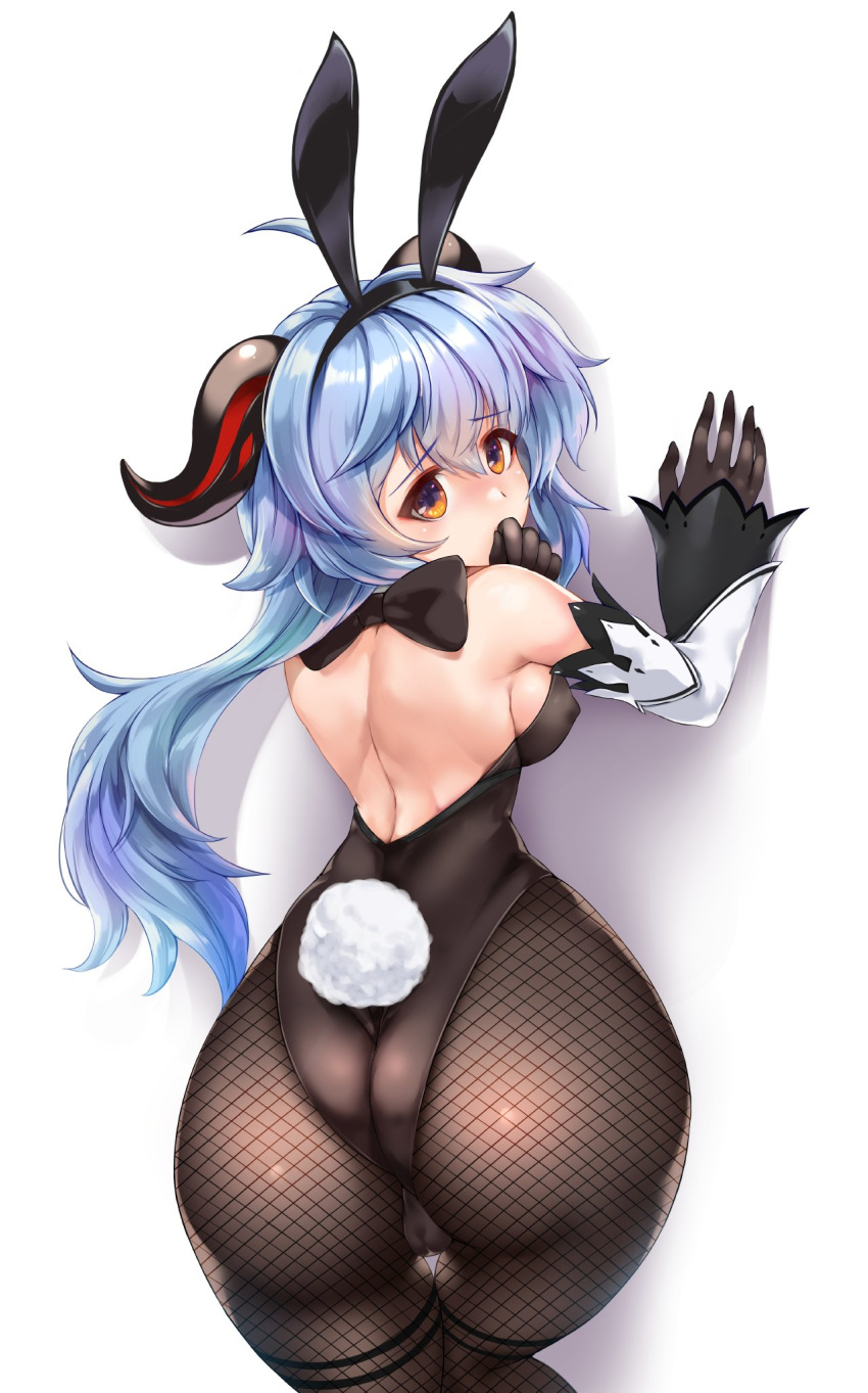 1girl against_wall ahoge akatsuki_akane animal_ears ass backless_leotard blue_hair blush bow breasts cameltoe covered_nipples detached_sleeves fake_animal_ears fake_tail fishnet_legwear fishnets from_behind ganyu_(genshin_impact) genshin_impact gloves highres horns long_hair looking_back medium_breasts pantyhose playboy_bunny rabbit_ears rabbit_tail simple_background solo tail thigh_gap white_background