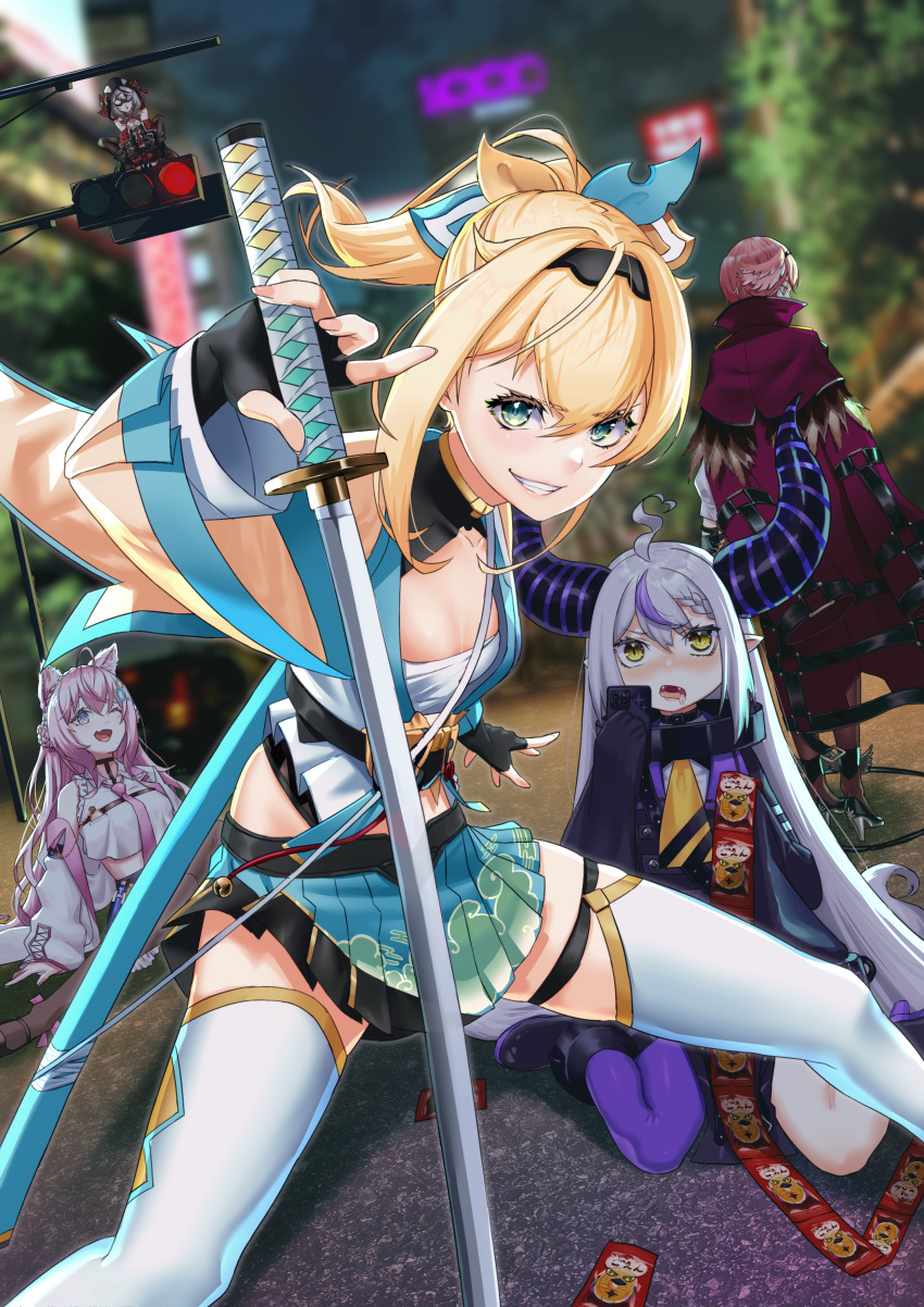 5girls absurdres ahoge bangs black_gloves blonde_hair blurry blurry_background cellphone chest_sarashi collar commentary_request fingerless_gloves gloves green_eyes grin hair_between_eyes hakui_koyori highres hololive holox horns katana kazama_iroha la+_darknesss legs_apart long_hair long_sleeves metal_collar multicolored_hair multiple_girls on_ground outdoors phone pink_hair pleated_skirt pointy_ears ponytail purple_hair purple_legwear sakamata_chloe sarashi single_thighhigh sitting skirt smartphone smile streaked_hair striped_horns sword takane_lui thighhighs traffic_light two-tone_hair very_long_hair wariza weapon white_hair white_legwear wide_sleeves yanagino_(yanagino3) yellow_eyes