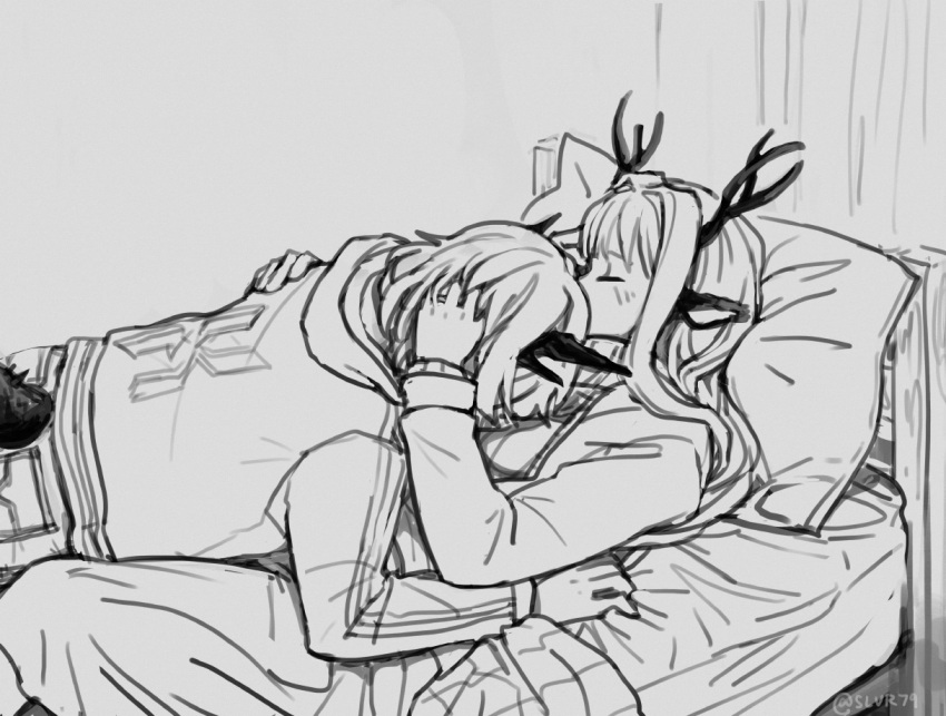 2girls alina_(arknights) animal_ears arknights bed_frame closed_eyes commentary deer_antlers deer_ears deer_girl english_commentary grey_background greyscale hand_in_another's_hair hug indoors jacket long_sleeves lying lying_on_person mattress monochrome multiple_girls on_back on_bed on_stomach open_clothes open_jacket pillow pocket silverxp simple_background sketch tail tail_through_clothes talulah_(arknights) twitter_username yuri