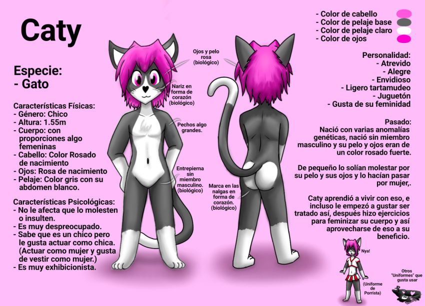 ambiguous_gender anthro bottomwear caty_(nyanekobitch) cheerleader cheerleader_outfit clothed clothing crossdressing domestic_cat felid feline felis female fur girly grey_body grey_fur hair hi_res lingerie maid_uniform male male/female mammal miniskirt model_sheet nude nyanekobitch pink_eyes pink_hair raised_tail school_uniform skirt solo uniform