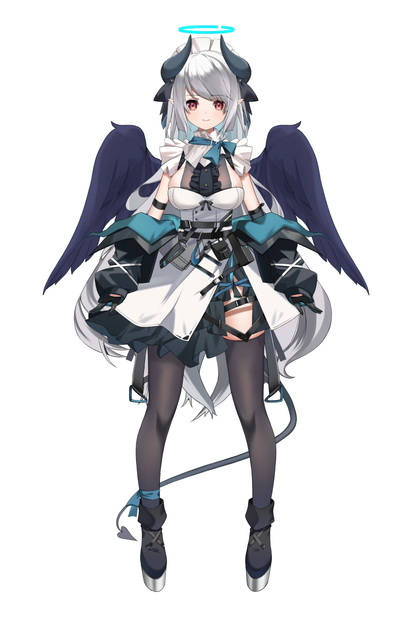 1girl absurdres akuma_meryl artist_request azuki_nei bangs belt black_footwear black_gloves black_jacket black_legwear boots breasts center_frills check_artist closed_mouth demon_girl demon_tail detached_sleeves dress eclipse_live_project frills full_body gloves grey_hair halo highres horns jacket large_breasts long_hair long_sleeves maid_headdress mole mole_under_eye off_shoulder platform_boots pouch second-party_source sidelocks single_detached_sleeve sleeveless sleeveless_dress smile solo tail thighhighs transparent_background white_dress wings