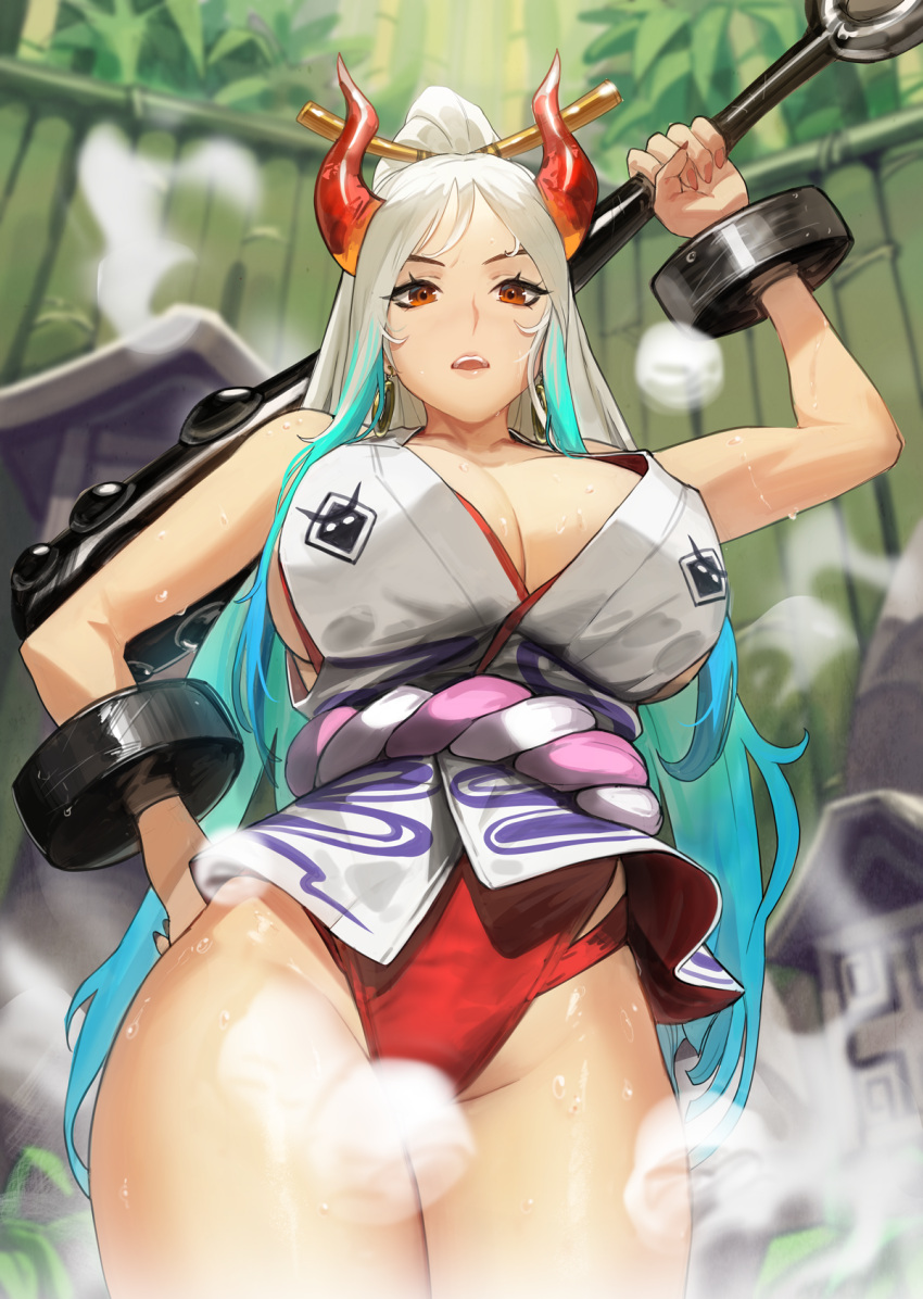 1girl bare_hips breasts cleavage club_(weapon) cuffs hand_on_hip highres horns ja_mong japanese_clothes kanabou kimono large_breasts leotard looking_at_viewer multicolored_horns one_piece oni orange_eyes orange_horns rope shackles sleeveless sleeveless_kimono solo steam sweat thick_thighs thighs weapon white_hair yamato_(one_piece)