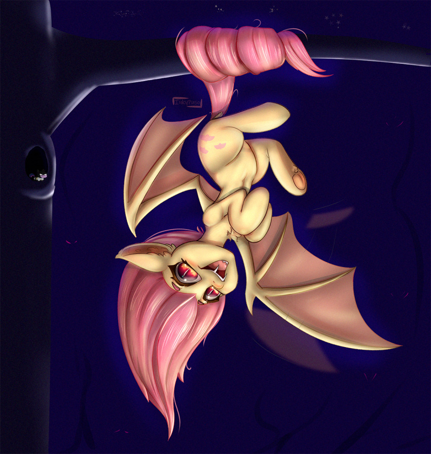bat_pony bat_wings batman batman_(series) cosplay cutie_mark dc_comics equid eyelashes fangs female feral flutterbat_(mlp) fluttershy_(mlp) friendship_is_magic fur hair hanging_from_branch hasbro hi_res hooves inkypuso mammal membrane_(anatomy) membranous_wings my_little_pony night open_mouth open_smile pink_hair pink_tail plant red_eyes smile spread_wings tree twilight_sparkle_(mlp) upside_down wings yellow_body yellow_fur