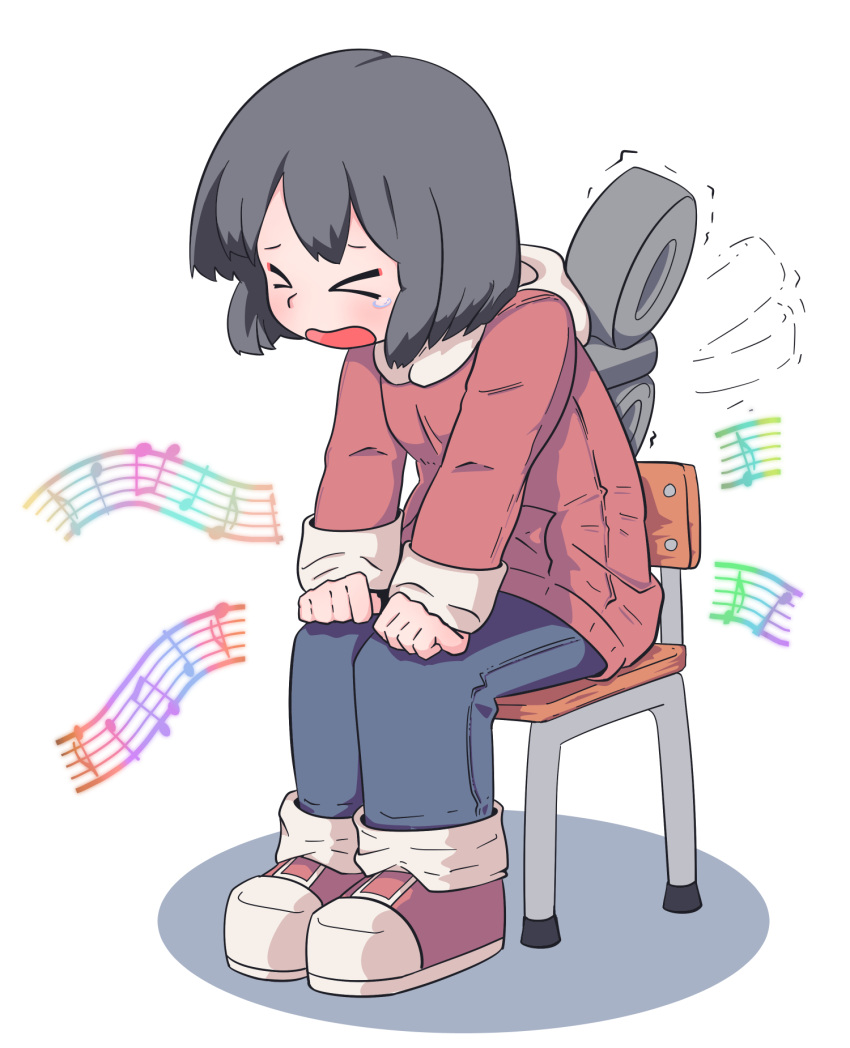 &gt;_&lt; 1girl black_hair blue_pants chair coat hexaa highres hood hood_down hooded_coat long_sleeves musical_note nichijou open_mouth pants red_coat red_footwear shinonome_nano shoes short_hair sitting solo winding_key