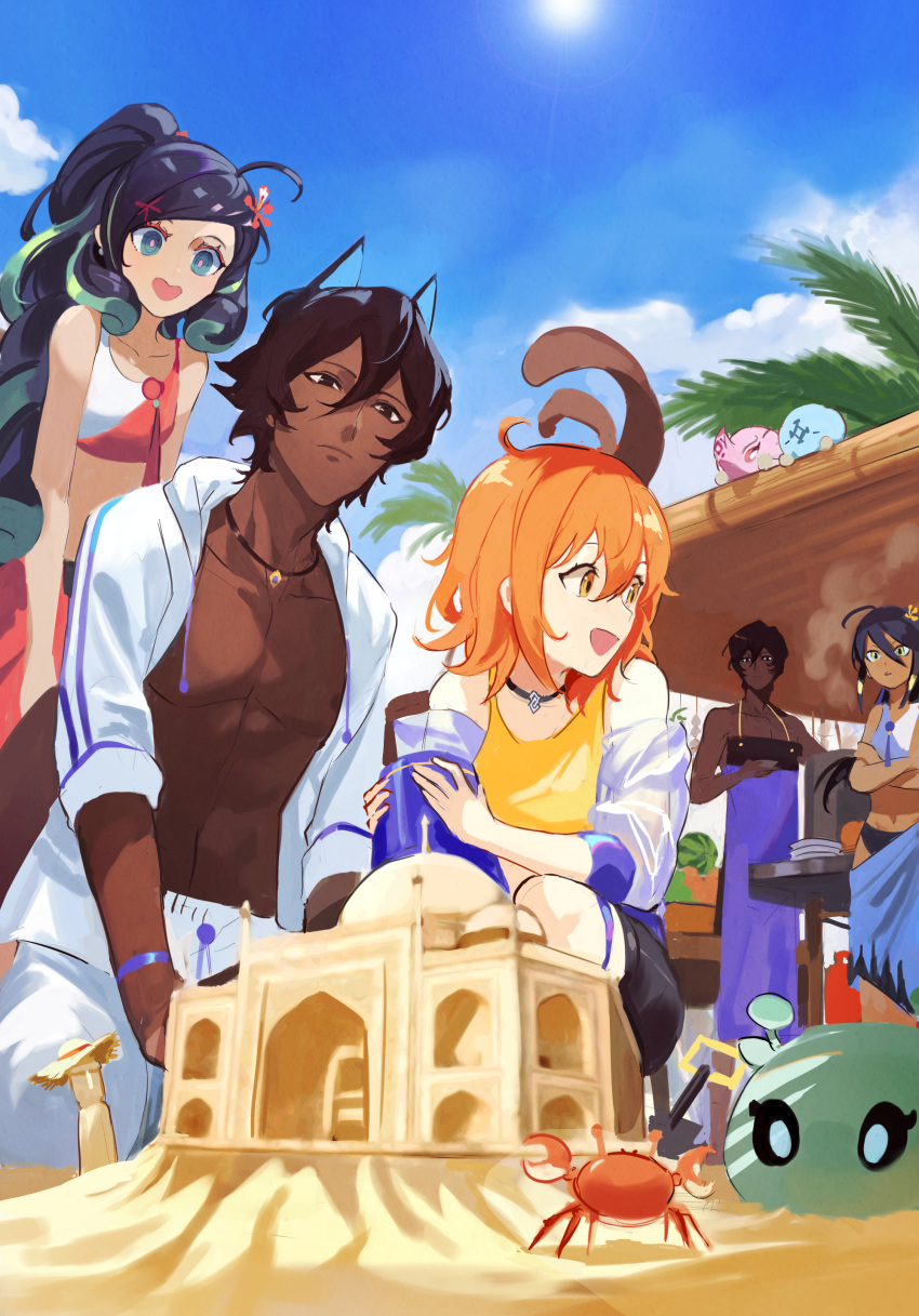 2boys 3girls :d :| absurdres ahoge alternate_costume animal_ears arjuna_(fate) arjuna_alter_(fate) bangs beach bikini black_choker black_eyes black_hair black_shorts blue_eyes bucket buried canopy_(shelter) choker closed_mouth cloud colored_eyelashes crab crop_top crossed_arms curly_hair dark-skinned_female dark-skinned_male dark_skin day delonix_regia detached_sleeves fate/grand_order fate_(series) feet_out_of_frame flower food fruit fujimaru_ritsuka_(female) green_hair hair_between_eyes hair_flower hair_ornament heart-shaped_mouth highres hood hoodie jewelry kneeling kon_(fate) kupikuuu leaning_forward long_hair looking_at_another looking_at_object looking_back medium_hair multicolored_hair multiple_boys multiple_girls no_shirt open_clothes open_hoodie orange_hair palm_tree pants parted_lips pendant pink_pupils plate plate_stack ponytail pot purple_apron red_flower sand_castle sand_sculpture sarong see-through see-through_sleeves shirt short_hair shorts shovel sleeveless sleeveless_shirt smile squatting standing steam streaked_hair sunlight swept_bangs swimsuit table tree trung_nhi_(fate) trung_trac_(fate) watermelon white_hoodie white_pants yellow_eyes yellow_flower yellow_shirt