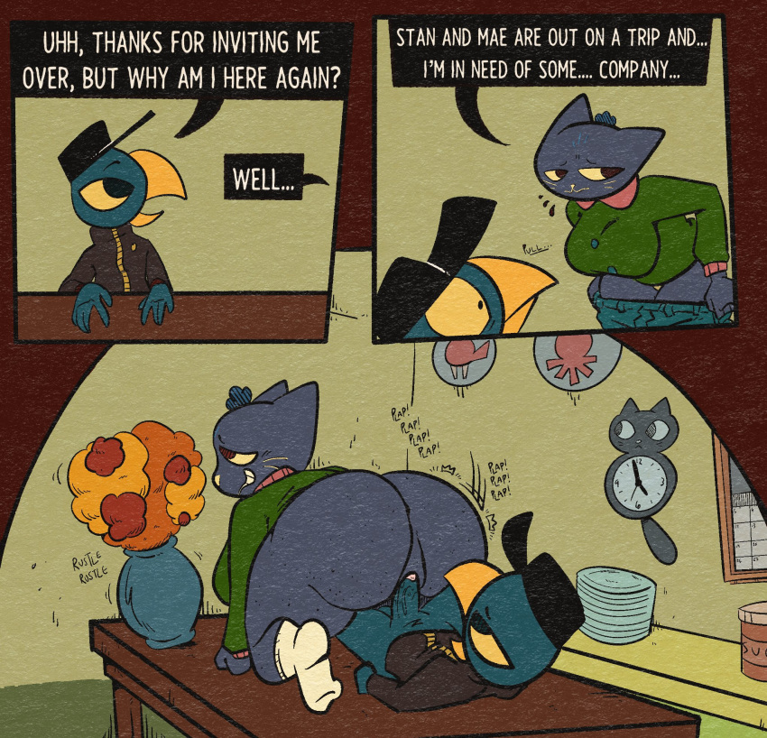 age_difference anthro avian balls beak big_butt bird black_clothing black_hat black_headwear black_jacket black_topwear blue_body blue_feathers blue_fur bodily_fluids breasts butt candy_borowski canid canine cheating_wife clothed clothing comic detailed_background dialogue digital_media_(artwork) domestic_cat duo english_text erection feathers felid feline felis female female_penetrated fingers fur genital_fluids genitals germ_warfare_(nitw) green_clothing green_sweater green_topwear hair hat headgear headwear hi_res humanoid_genitalia humanoid_penis infidelity inside interspecies jacket kitchen male male/female male_penetrating male_penetrating_female mammal mature_anthro mature_female night_in_the_woods open_mouth penetration penile penile_penetration penis penis_in_pussy pussy qoolguyart sex shocked smile speech_bubble sweater table_sex text thick_thighs topwear vaginal vaginal_penetration video_games wide_hips younger_male
