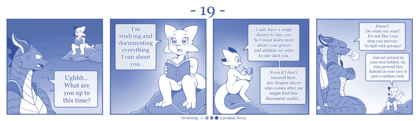 angry blue_and_white book comic detailed_background dialogue dragon english_text eyes_closed featureless_chest featureless_crotch female feral flat_chested hi_res horn kobold larger_feral male monochrome nude pencil_(object) size_difference smaller_female text vavacung wings