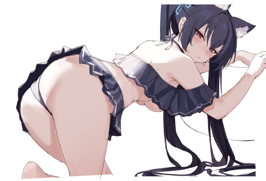 1girl animal_ear_fluff animal_ears aqua_ribbon ass back bangs bare_shoulders barefoot bent_over black_hair blue_archive blue_swimsuit blush border breasts cat_ears closed_mouth frown hair_between_eyes hair_ribbon halterneck highres long_hair looking_at_viewer mr.zhuo red_eyes ribbon serika_(blue_archive) sideboob simple_background solo sweat swimsuit twintails very_long_hair white_background white_border