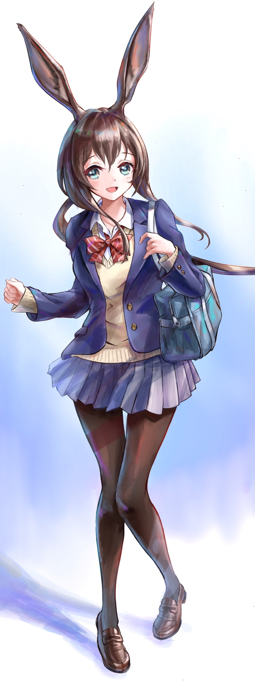 1girl :d absurdres alternate_costume amiya_(arknights) animal_ear_fluff arknights bag blazer blue_background blue_eyes blue_jacket bow bowtie brown_footwear brown_hair brown_legwear full_body garvini gradient gradient_background grey_skirt highres jacket loafers long_hair long_sleeves looking_at_viewer miniskirt open_clothes open_jacket open_mouth pantyhose pleated_skirt ponytail red_bow red_bowtie school_bag school_uniform shoes sidelocks skirt smile solo standing striped striped_bow striped_bowtie thigh_gap unbuttoned very_long_hair white_background