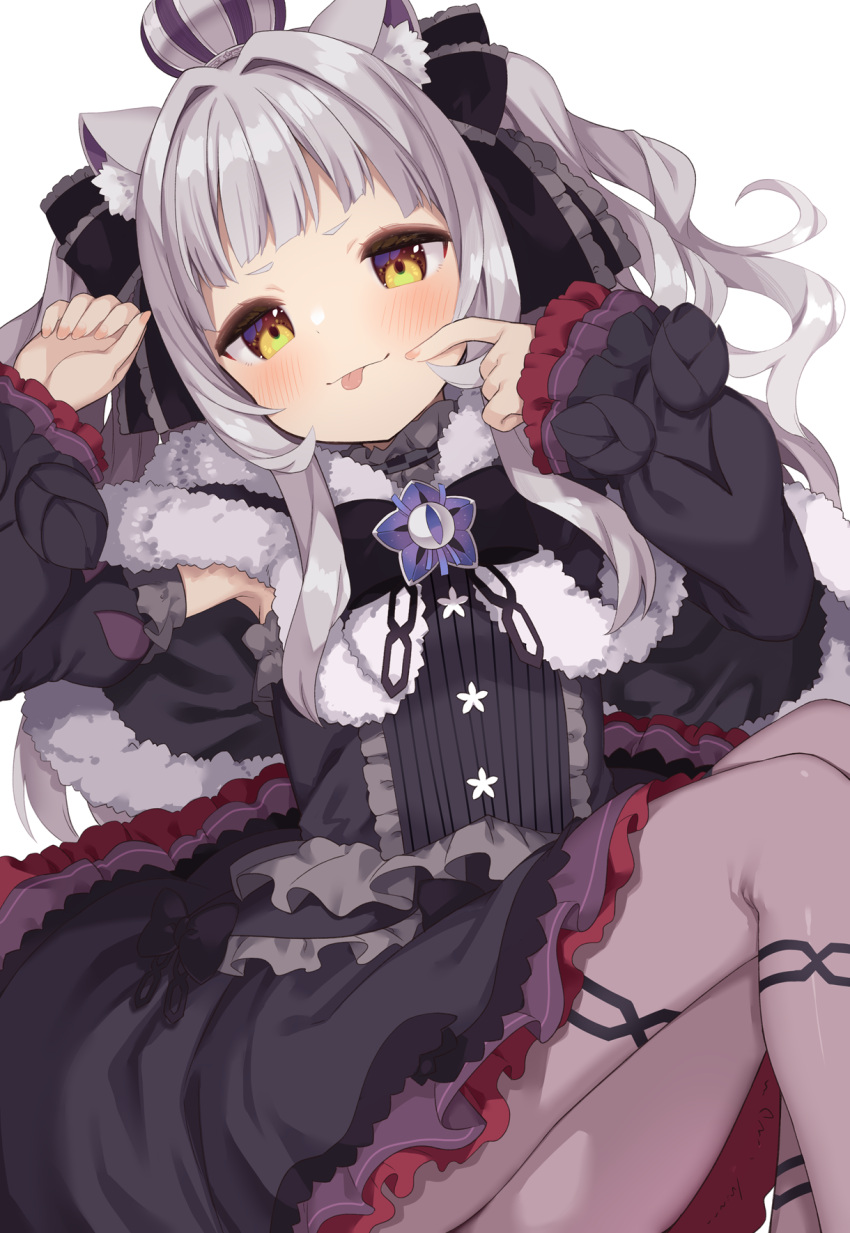 1girl animal_ear_fluff animal_ears armpits bangs black_capelet black_dress black_ribbon blush brooch capelet cat_ears crown detached_sleeves dress grey_hair hair_ornament hair_ribbon highres hololive jewelry long_hair looking_at_viewer muku_(muku-coffee) murasaki_shion pantyhose ribbon solo star_brooch tongue tongue_out virtual_youtuber yellow_eyes