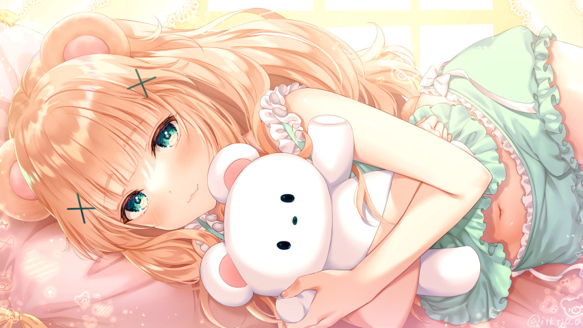 1girl :3 animal_ears bangs bare_shoulders bear_ears bear_girl bloomers blunt_bangs blush brown_hair camisole closed_mouth frilled_camisole frilled_shorts frills green_camisole green_eyes green_shorts hair_ornament highres holding indie_virtual_youtuber indoors itsuki_jun long_hair looking_at_viewer lying midriff navel nonokuma_bikori object_hug on_bed on_side shorts sidelocks smile solo stuffed_animal stuffed_toy teddy_bear twitter_username underwear very_long_hair virtual_youtuber watermark x_hair_ornament