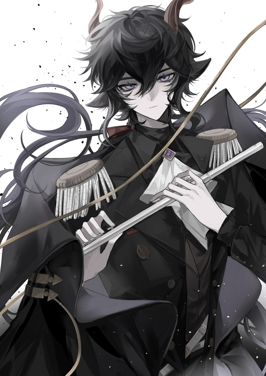 1boy absurdres arknights ascot bangs black_hair black_jacket brooch ebenholz_(arknights) epaulettes goat_horns hair_between_eyes heichuanshiyao highres holding holding_instrument horns instrument jacket jewelry long_hair long_sleeves looking_at_viewer male_focus purple_eyes solo upper_body white_ascot white_background