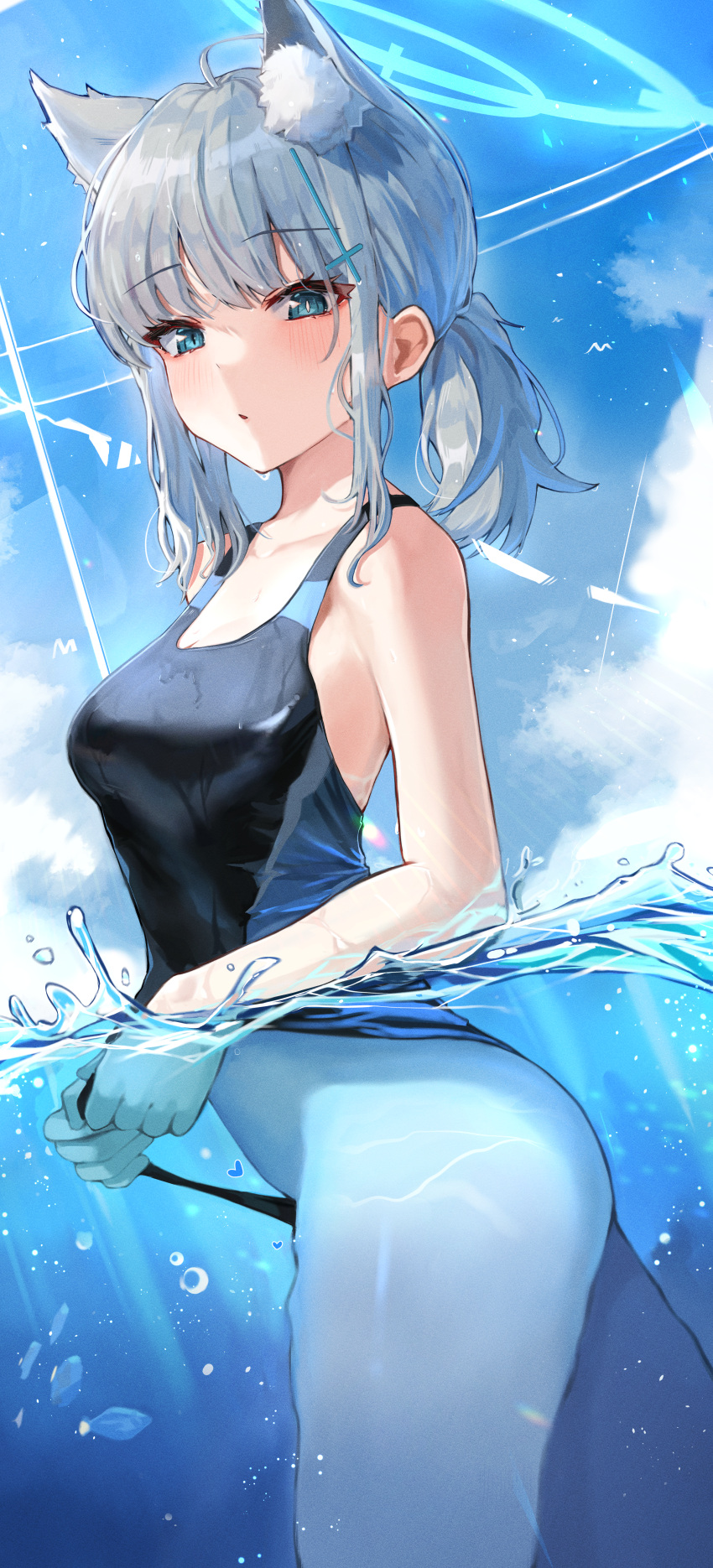 1girl absurdres animal_ear_fluff animal_ears ass bare_arms bare_shoulders blue_archive blue_eyes breasts bubble clothes_pull cloud competition_swimsuit day hair_ornament halo highres long_hair looking_at_viewer medium_breasts mismatched_pupils ocean one-piece_swimsuit partially_submerged partially_underwater_shot pomp_(qhtjd0120) shiroko_(blue_archive) shiroko_(swimsuit)_(blue_archive) short_ponytail sky solo swimsuit swimsuit_pull thighs wading water x_hair_ornament