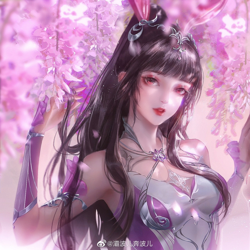 1girl animal_ears ba_bo_er_benbo_er brown_hair clothing_cutout collar douluo_dalu dress dust falling_petals flower hair_ornament hand_in_own_hair highres metal_collar open_mouth petals pink_dress ponytail rabbit_ears solo upper_body wisteria xiao_wu_(douluo_dalu)
