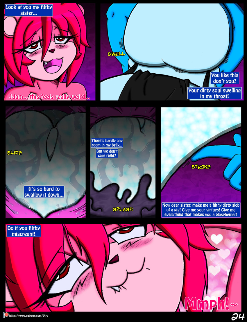 &lt;3 2018 absurd_res anthro blue_body blueberry_jam_(viroveteruscy) blush bodily_fluids clothing comic dress duo english_text female female/female hair hi_res mammal multicolored_body neck_bulge open_mouth pink_body pink_hair raspberry_(viroveteruscy) red_eyes reptile saliva scalie sibling sister soul swallowing text two_tone_body ursid viroveteruscy warning_cream_filled