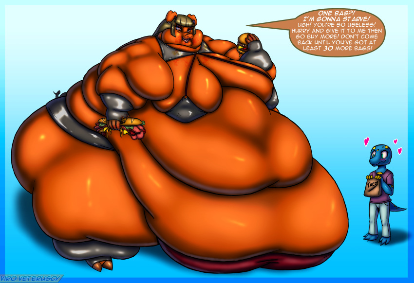 2022 absurd_res anthro belly big_belly big_breasts big_butt bottomwear breasts burger butt clothing digital_media_(artwork) domestic_pig duo english_text female food hi_res huge_breasts huge_thighs hyper hyper_belly male mammal morbidly_obese morbidly_obese_anthro morbidly_obese_female obese obese_anthro obese_female open_mouth overweight overweight_anthro overweight_female pants paper_bag pumpkin_pie_(viroveteruscy) red_eyes reptile sandwich_(food) scalie shirt suid suina sus_(pig) text thick_thighs topwear viroveteruscy warning_cream_filled