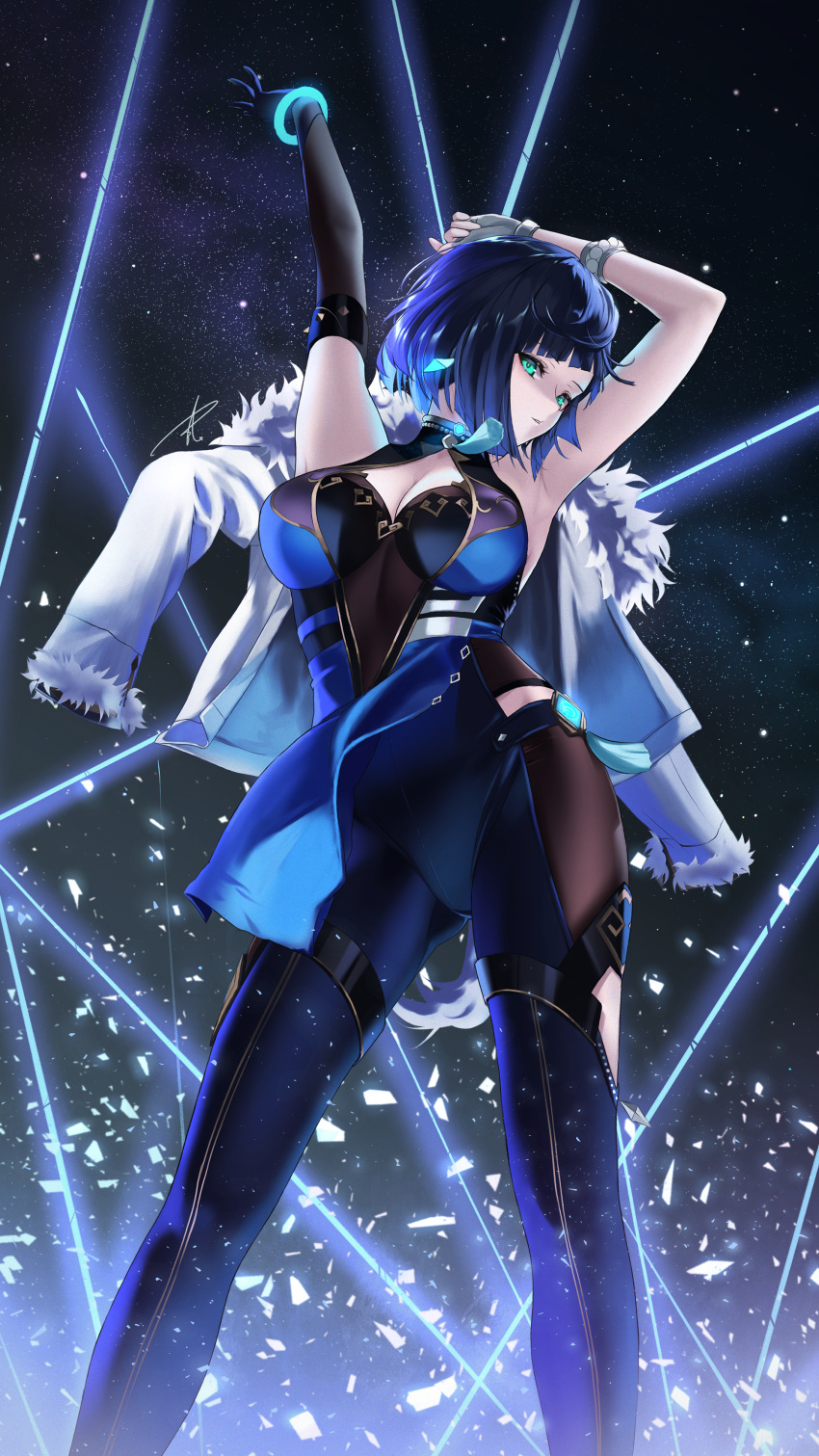 1girl absurdres armpits arms_up asymmetrical_gloves bangs blue_bodysuit blue_hair bob_cut bodysuit bracelet breasts cleavage_cutout clothing_cutout diagonal_bangs dice elbow_gloves fingerless_gloves fur-trimmed_jacket fur_trim genshin_impact gloves gold_trim green_eyes highres hip_vent jacket jacket_on_shoulders jewelry large_breasts mismatched_gloves parted_lips pelvic_curtain short_hair single_elbow_glove single_fingerless_glove solo tassel uneven_gloves white_jacket yaba_(yabababa500) yelan_(genshin_impact)