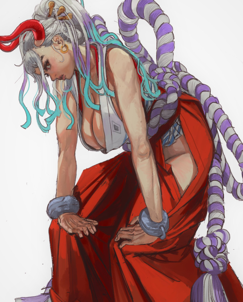 1girl bare_shoulders breasts cleavage cuffs curled_horns earrings green_hair hair_ornament hair_stick hakama hakama_pants hands_on_own_knees highres horns japanese_clothes jewelry kimono large_breasts leaning_forward lips long_hair looking_at_viewer mossacannibalis multicolored_hair multicolored_horns one_piece orange_horns pants shackles sleeveless solo white_hair yamato_(one_piece) yellow_horns