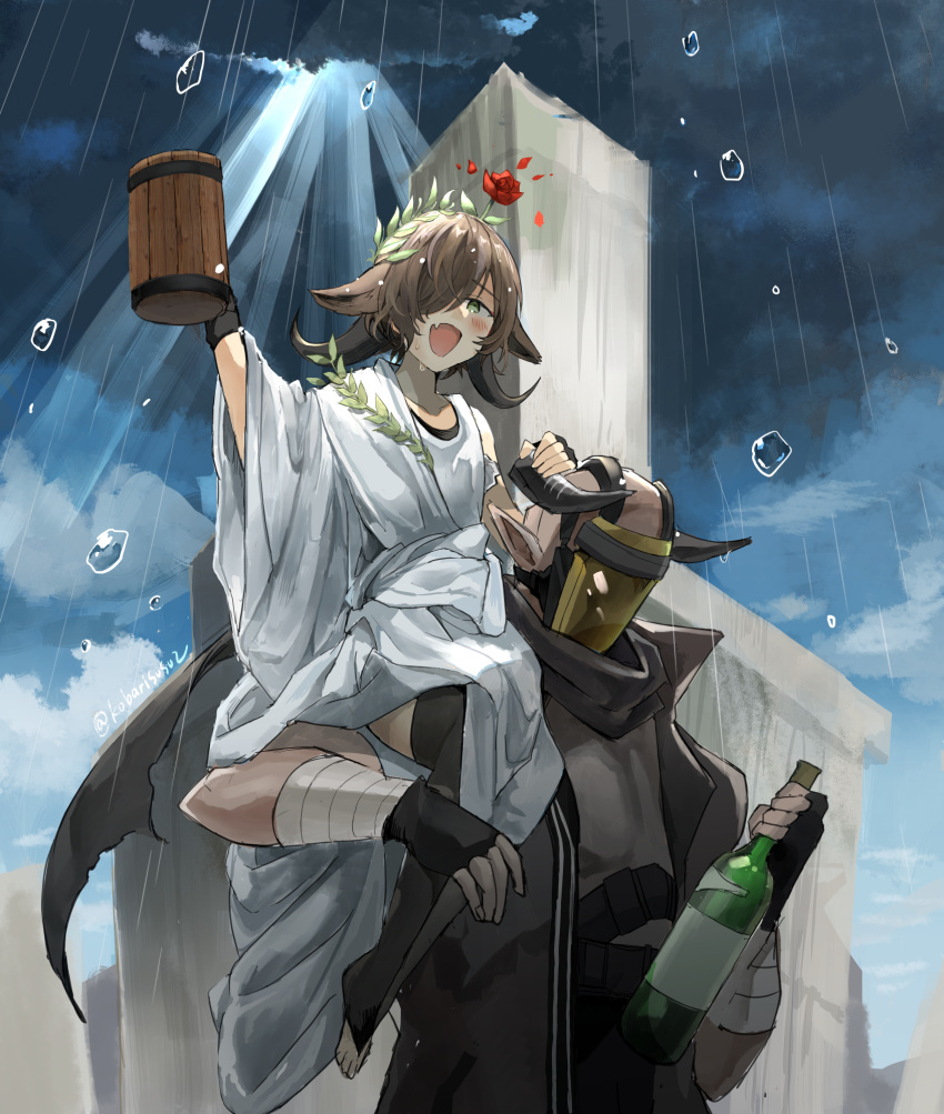 1boy 1girl animal_ears arknights black_gloves bottle brown_hair carrying cow_ears cow_girl cow_horns cup demon_boy demon_horns dress fang fingerless_gloves flower flower_on_head gloves greek_clothes green_eyes hair_over_one_eye hand_up highres holding holding_bottle holding_cup horns kobarisusuz laurel_crown mug official_alternate_costume open_mouth outdoors pallas_(arknights) pallas_(heritage)_(arknights) piggyback rain red_flower red_rose rose short_hair skin_fang white_dress wide_sleeves