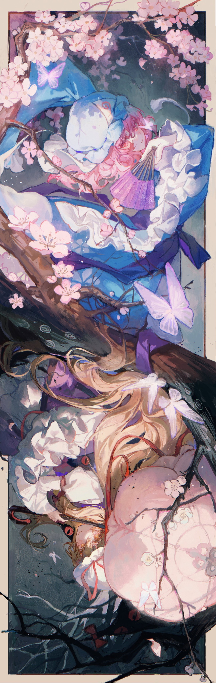 2girls absurdres blonde_hair blue_headwear blue_kimono blush bug butterfly cherry_blossoms closed_mouth commentary dress floating_hair flower frilled_sleeves frills gap_(touhou) hand_fan hat hat_ribbon highres holding holding_fan holding_umbrella in_tree japanese_clothes juliet_sleeves kimono long_hair long_sleeves looking_at_viewer maccha_(mochancc) medium_hair mob_cap multiple_girls obi parasol pink_butterfly pink_eyes pink_flower pink_hair puffy_sleeves purple_butterfly purple_tabard red_ribbon ribbon rotational_symmetry saigyouji_yuyuko sash smile tabard touhou tree triangular_headpiece umbrella white_dress white_headwear wide_sleeves yakumo_yukari yellow_eyes