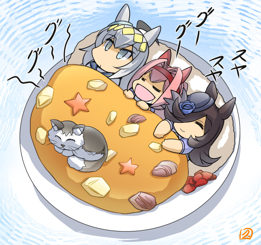 3girls :3 ahoge animal_ears bangs black_hair blue_flower blue_headwear blue_rose cat chibi commentary curry curry_rice ear_covers flower food gari_(food) grey_eyes grey_hair hair_between_eyes hair_intakes hair_over_one_eye hairband haru_urara_(umamusume) hat hat_flower highres hisahiko horse_ears horse_girl long_hair multicolored_hair multiple_girls oguri_cap_(umamusume) puffy_short_sleeves puffy_sleeves purple_eyes purple_shirt rice rice_shower_(umamusume) rose sailor_collar sailor_shirt school_uniform shirt short_sleeves signature snoring sound_effects stomach_growling summer_uniform swept_bangs tilted_headwear tracen_school_uniform translation_request two-tone_hair umamusume