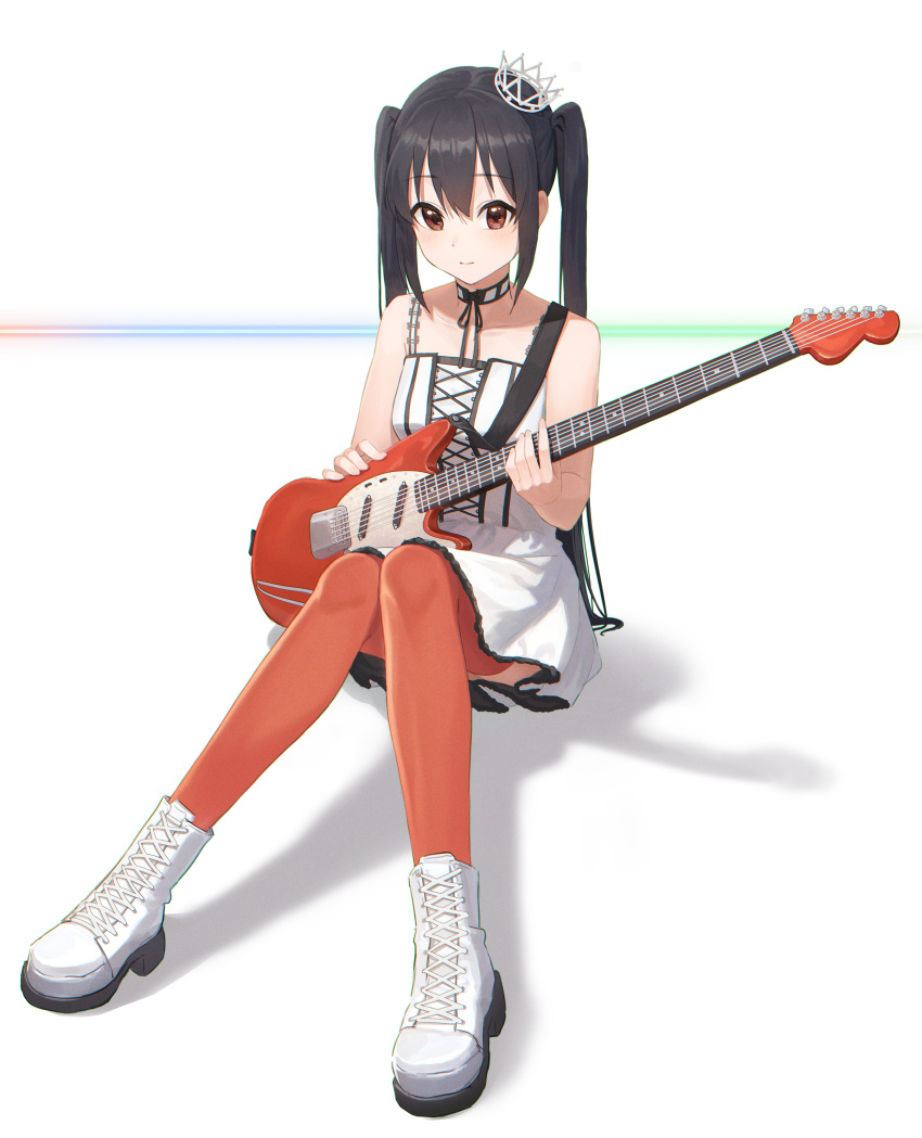 1girl absurdres bangs black_hair commentary don't_say_"lazy" english_commentary fender full_body guitar highres holding holding_instrument instrument k-on! long_hair looking_at_viewer nakano_azusa red_eyes red_legwear smile solo twintails white_footwear yidie