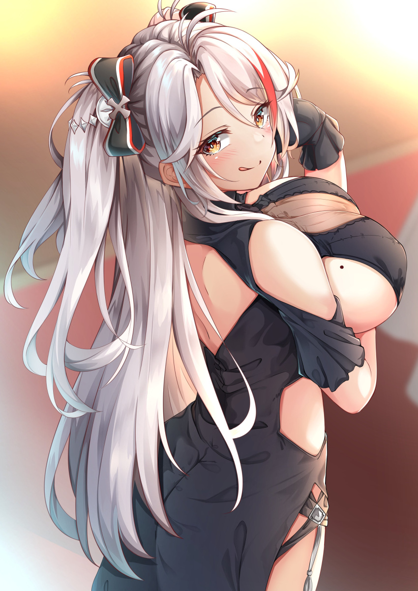 1girl absurdres azur_lane backless_dress backless_outfit bangs bare_shoulders black_dress blush bow breasts clothing_cutout commentary_request dress from_behind grey_hair hair_between_eyes hair_bow heart highres large_breasts long_hair looking_at_viewer looking_back mole mole_on_breast moyoron multicolored_hair official_alternate_costume parted_bangs prinz_eugen_(azur_lane) prinz_eugen_(cordial_cornflower)_(azur_lane) red_hair short_sleeves shoulder_cutout simple_background solo spot_color streaked_hair two_side_up very_long_hair white_background yellow_eyes