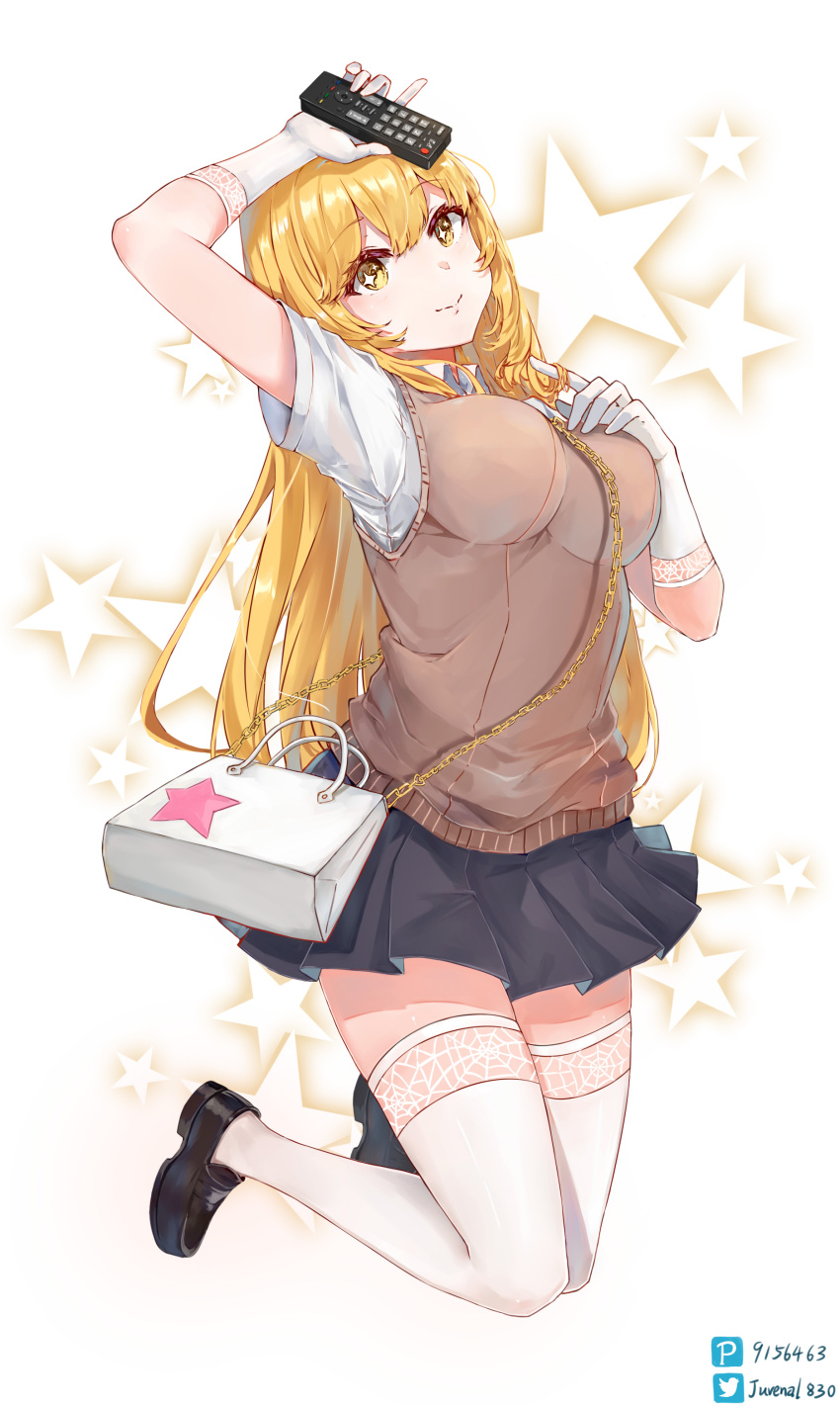 1girl absurdres arm_up bag bangs black_footwear black_skirt blonde_hair breasts chain chain_between_breasts closed_mouth controller elbow_gloves full_body gloves gold_chain hand_on_own_chest handbag highres holding holding_remote_control jumping large_breasts loafers long_hair looking_at_viewer pixiv_id remote_control school_uniform shirt shoes shokuhou_misaki short_sleeves skirt smile solo spider_web_print star-shaped_pupils star_(symbol) sweater_vest symbol-shaped_pupils thighhighs toaru_kagaku_no_mental_out toaru_kagaku_no_railgun toaru_majutsu_no_index tokiwadai_school_uniform twitter_username white_gloves white_legwear white_shirt yellow_eyes zarsy