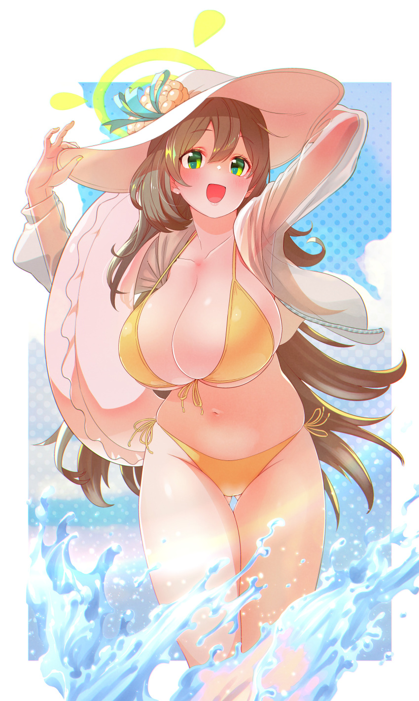 1girl absurdres arms_up ass_visible_through_thighs bangs bikini blonde_hair blue_archive blush breasts brown_hair cleavage collarbone front-tie_top green_eyes groin hair_between_eyes halo hat highres huge_breasts innertube kanashimiojisan leaning_forward long_hair looking_at_viewer navel nonomi_(blue_archive) nonomi_(swimsuit)_(blue_archive) open_mouth side-tie_bikini smile solo splashing string_bikini sun_hat swimsuit thighs wading water white_headwear yellow_bikini