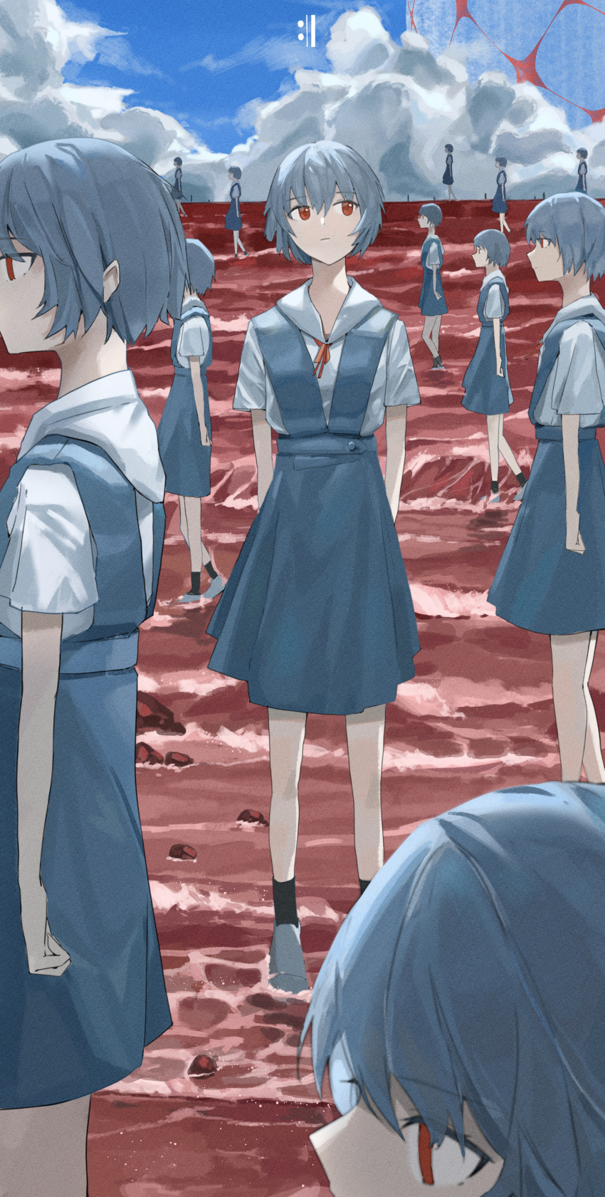 6+girls :| absurdres arms_at_sides arms_behind_back ayanami_rei bangs black_legwear blue_dress blue_hair clone closed_mouth cloud commentary_request dress expressionless from_side full_body grey_footwear highres looking_to_the_side multiple_girls neon_genesis_evangelion ocean perspective pinafore_dress rebuild_of_evangelion red_eyes rock shirt shirt_tucked_in short_hair short_sleeves sky socks standing straight-on wading white_shirt yunkkker