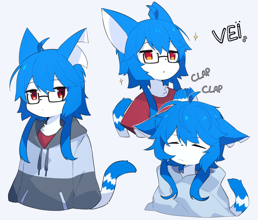 2022 anthro blue_body blue_fur blue_hair character_name clothed clothing devil-vox devy_(devil-vox) domestic_cat eyewear felid feline felis fur gender_symbol glasses hair hi_res hoodie kemono long_hair looking_at_viewer male male_symbol mammal multicolored_tail notched_ear red_eyes solo symbol text topwear white_body white_fur