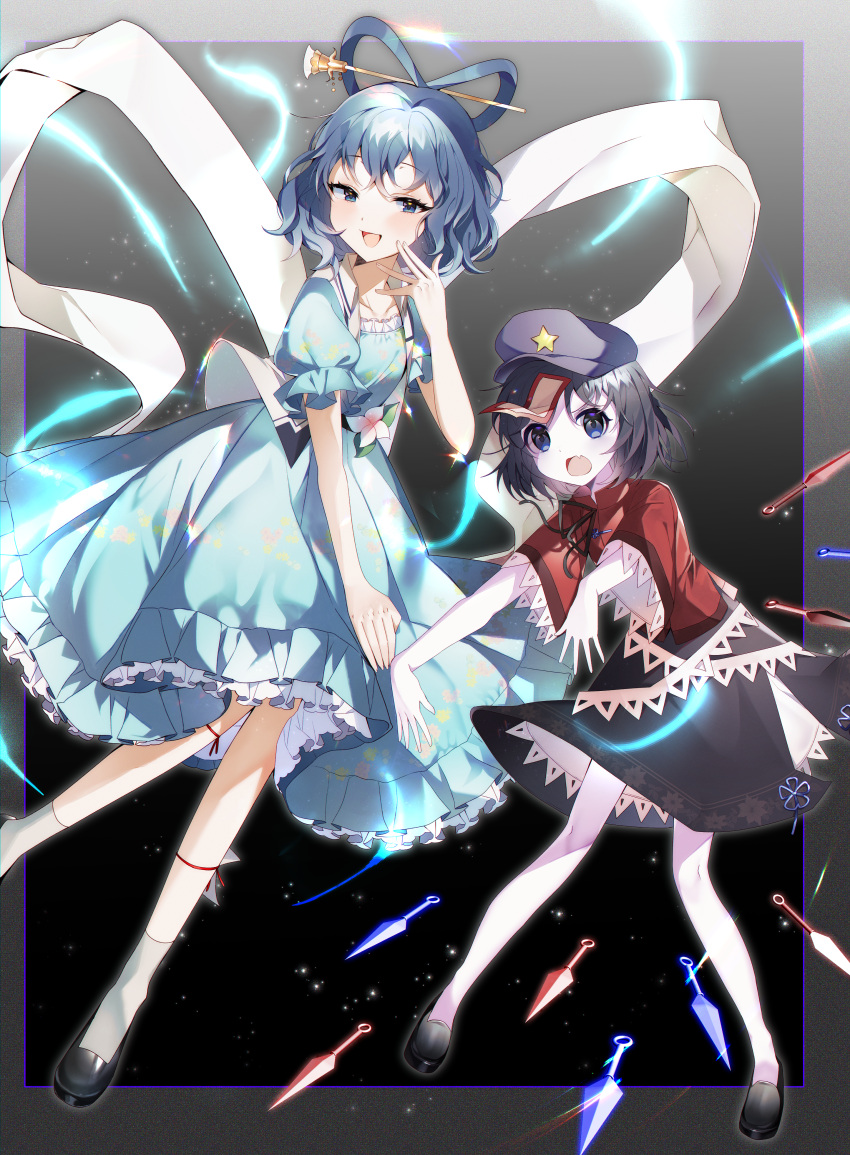 2girls absurdres black_footwear blue_dress blue_eyes blue_hair bobby_socks chisel collarbone collared_vest dress drill_locks empty_eyes floating frills full_body hair_ornament hair_rings hair_stick hat_ornament highres j_(ppxx3543) jiangshi kaku_seiga kunai leg_ribbon light_blue_hair medium_hair miyako_yoshika multiple_girls ofuda open_clothes open_mouth open_vest outstretched_arms puffy_short_sleeves puffy_sleeves ribbon shawl short_hair short_sleeves smile socks star_(symbol) star_hat_ornament touhou vest weapon white_legwear white_vest zombie_pose