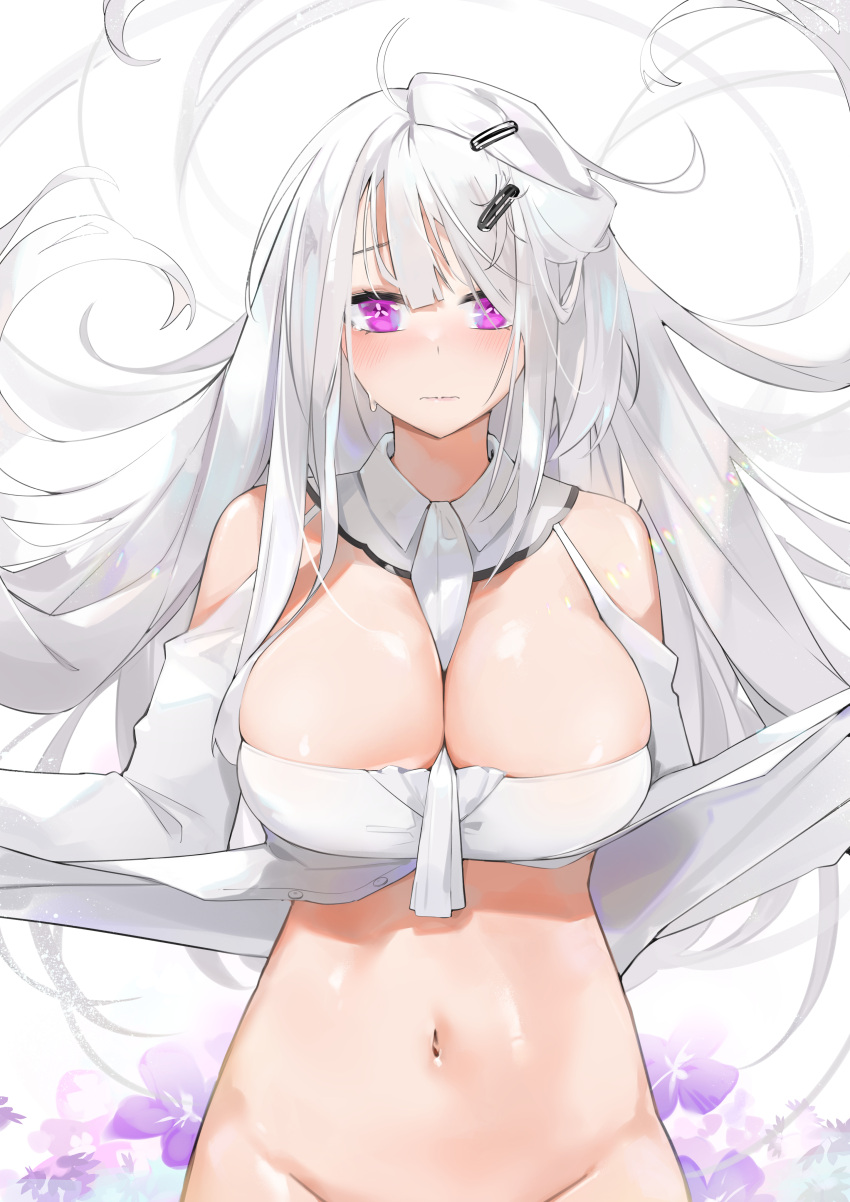 1girl absurdres between_breasts breasts cleavage closed_mouth dema_hmw groin hair_ornament hairclip highres large_breasts long_hair long_sleeves looking_at_viewer original out-of-frame_censoring purple_eyes solo white_hair white_sleeves