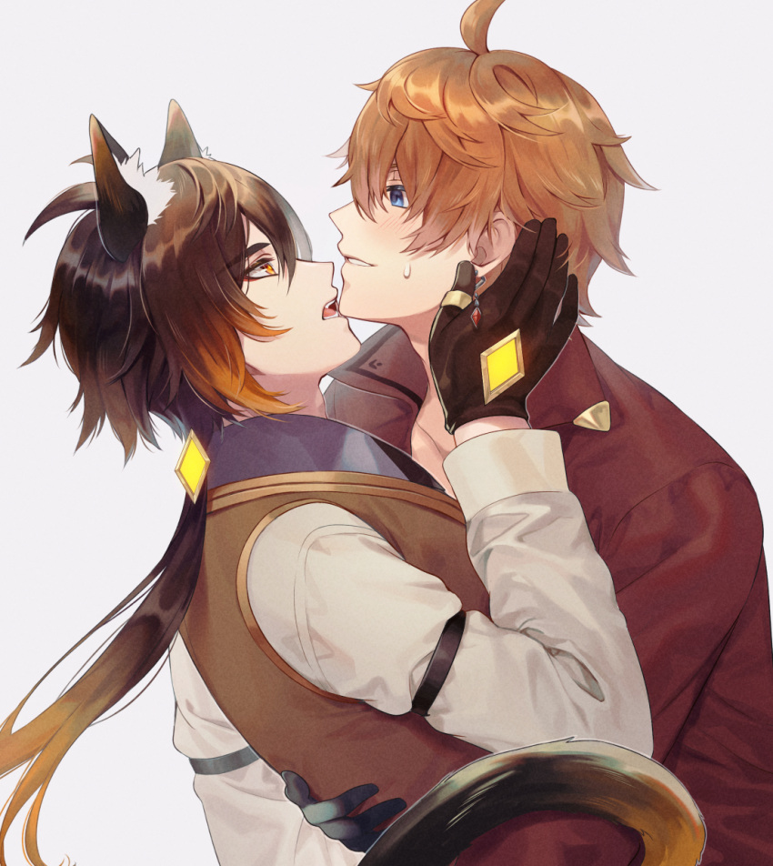 2boys animal_ear_fluff animal_ears antenna_hair bangs black_gloves blue_eyes blush brown_hair brown_vest cat_ears cat_tail earrings from_side genshin_impact gloves gradient_hair grey_background hair_between_eyes hair_tie hand_on_another's_face highres jewelry looking_at_another low_ponytail multicolored_hair multiple_boys open_mouth orange_eyes orange_hair red_shirt ritsu_(re710pngn) shirt simple_background single_earring sweatdrop tail tartaglia_(genshin_impact) thumb_ring vest zhongli_(genshin_impact)