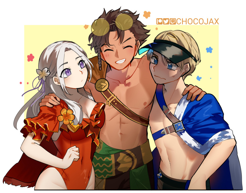 1girl 2boys blonde_hair blue_cape blush braid breasts brown_hair cape chocojax claude_von_riegan cleavage closed_eyes collarbone covered_navel dark-skinned_male dark_skin dimitri_alexandre_blaiddyd edelgard_von_hresvelg eyewear_on_head fire_emblem fire_emblem:_three_houses fire_emblem_heroes flower glasses grin groin hair_flower hair_ornament hand_on_another's_shoulder highres long_hair looking_at_another multiple_boys muscular muscular_male official_alternate_costume one-piece_swimsuit red_swimsuit smile sweatdrop swimsuit visor_cap white_hair yellow_cape