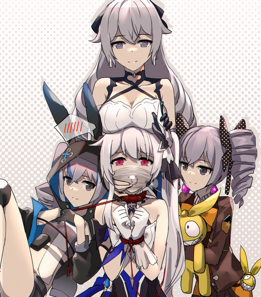 4girls absurdres ball_gag bangs black_gloves black_jacket black_shorts bound bow bowtie breasts bronya_zaychik bronya_zaychik_(haxxor_bunny) bronya_zaychik_(silverwing:_n-ex) bronya_zaychik_(wolf's_dawn) brown_jacket brown_shorts cleavage closed_mouth collar doll dress drill_hair earrings gag gloves grey_hair grey_shirt hair_bow highres holding holding_doll homu_(honkai_impact) honkai_(series) honkai_impact_3rd jacket jewelry leash long_hair long_sleeves mask mouth_mask multiple_girls multiple_persona orange_bow orange_bowtie polka_dot polka_dot_background red_eyes restrained shirt shorts side_ponytail sleeveless sleeveless_dress smile theresa_apocalypse theresa_apocalypse_(twilight_paladin) tied_up_(nonsexual) twin_drills white_dress white_gloves white_hair yiduan_zhu yuri