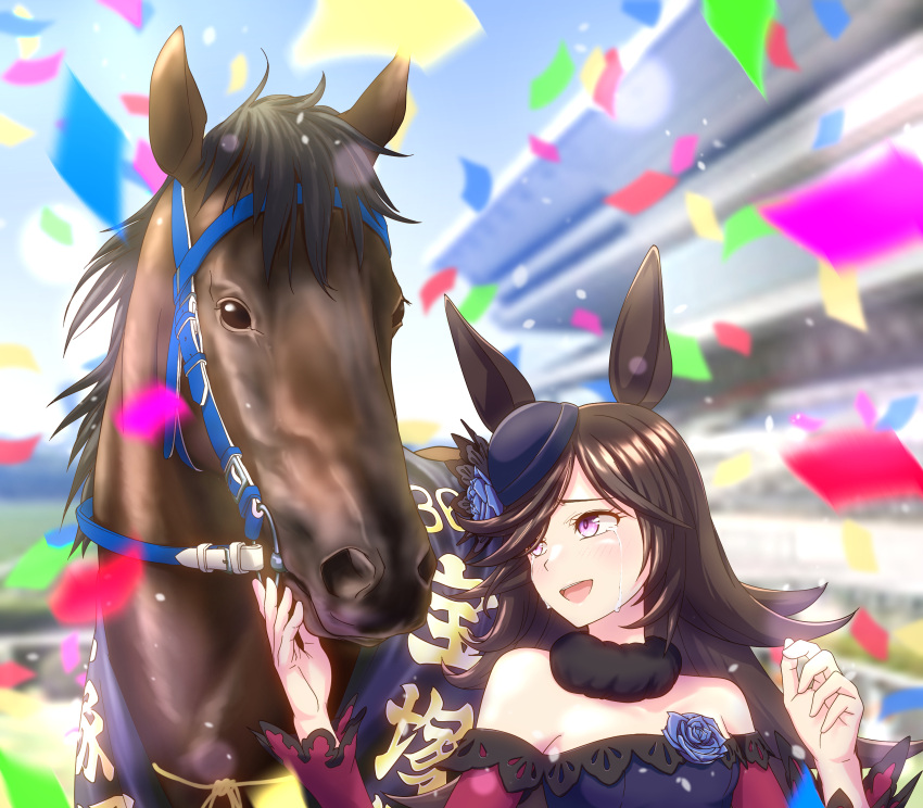 1girl absurdres animal_ears blush breasts cheesecake_(artist) commentary_request confetti crying hair_over_one_eye hat highres horse horse_ears horse_girl long_hair purple_eyes racetrack rice_shower_(racehorse) rice_shower_(umamusume) small_breasts takarazuka_kinen umamusume