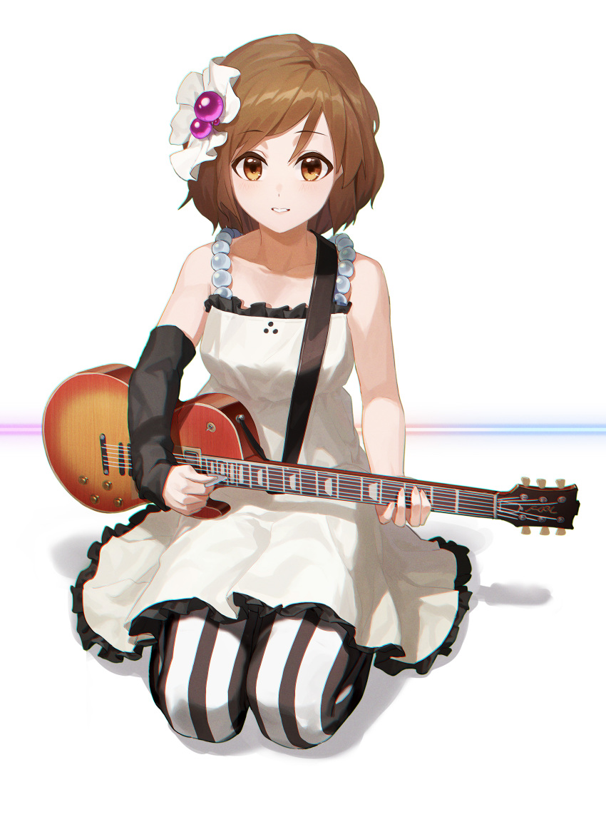 1girl absurdres bangs brown_eyes brown_hair commentary don't_say_"lazy" electric_guitar english_commentary full_body guitar highres hirasawa_yui holding holding_instrument instrument k-on! looking_at_viewer pantyhose short_hair sitting smile solo striped striped_legwear vertical-striped_legwear vertical_stripes white_legwear yidie