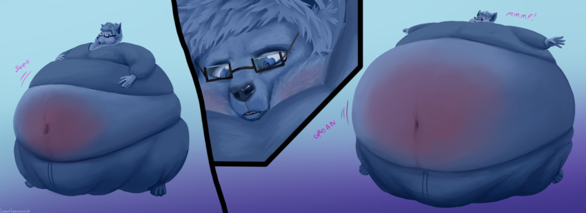 anthro belly big_belly blue_body blue_fur blueberry_inflation blush bulge canid cheek_bulge clothed clothing cutaway english_text eyewear fur glasses growth hand_on_chest hand_on_stomach hi_res hyper_inflation immobile lemurlemurovich male mammal motion_lines navel open_mouth sequence solo sound_effects spherical_inflation teeth text worried