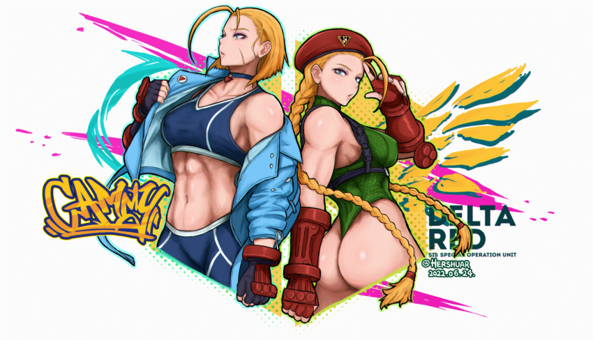 2girls abs antenna_hair armored_gloves ass back-to-back beret black_gloves blonde_hair blue_choker blue_eyes blue_jacket braid breasts cammy_white character_name chest_harness choker covered_nipples cropped_jacket cropped_legs dual_persona elbow_pads english_commentary eyeshadow gloves green_leotard hair_slicked_back harness hat hershuar highleg highleg_leotard jacket leather leather_jacket leotard long_hair makeup medium_breasts midriff multiple_girls muscular muscular_female navel off_shoulder pink_eyeshadow red_gloves red_headwear salute scar scar_on_cheek scar_on_face short_hair single_elbow_pad street_fighter street_fighter_6 street_fighter_v thong_leotard twin_braids undressing vambraces