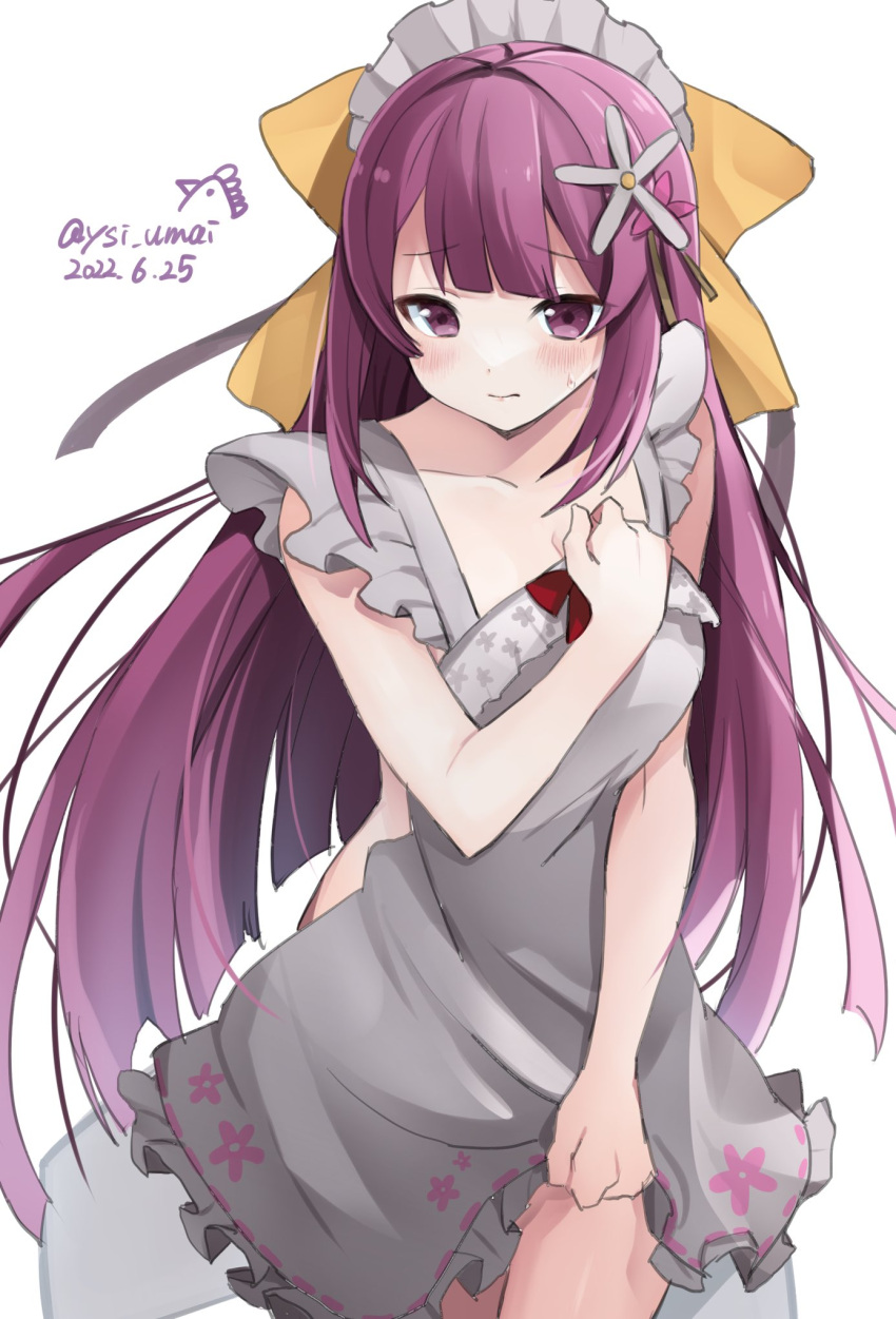 1girl apron artist_name bow collarbone commentary_request cowboy_shot dated flower frilled_apron frills grey_apron hair_bow hair_flower hair_ornament highres kamikaze_(kancolle) kantai_collection long_hair looking_at_viewer maid_headdress naked_apron one-hour_drawing_challenge purple_eyes purple_hair solo toriniku_senshi_chikinman yellow_bow