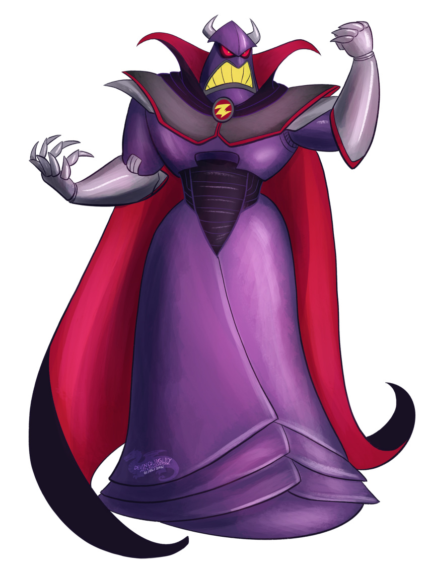 2021 alpha_channel ambiguous_gender android angry armor cape claws clothed clothing devinquigleyart digital_drawing_(artwork) digital_media_(artwork) disney emperor_zurg fingers fist frown headgear headwear helmet hi_res horn humanoid machine not_furry pixar pupils purple_body raised_arm raised_fist red_eyes red_sclera robot robot_humanoid signature simple_background solo teeth text topwear toy_story transparent_background yellow_pupils yellow_teeth