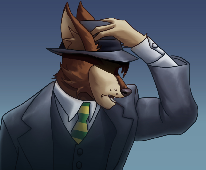 anthro brown_body brown_fur bust_portrait canid canine canis cheek_tuft clothing dress_shirt facial_tuft fedora flaviomodezto fur hat headgear headwear hi_res inner_ear_fluff jacket li'l_melon male mammal multicolored_body multicolored_fur necktie noir obscured_eyes open_mouth portrait shirt simple_background solo suit topwear tuft two_tone_body two_tone_fur whisker_spots wolf