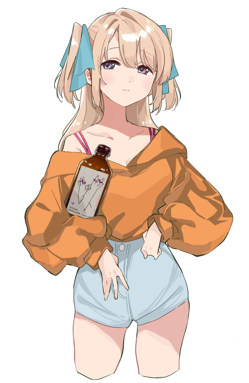 1girl absurdres alcohol bangs blue_shorts blush bottle breasts brown_hair cleavage closed_mouth cropped_legs hei_(tonarinohey) highres holding holding_bottle kamiina_botan kamiina_botan_yoeru_sugata_wa_yuri_no_hana long_hair long_sleeves looking_at_viewer medium_breasts multicolored_hair off_shoulder puffy_long_sleeves puffy_sleeves purple_eyes short_shorts shorts sidelocks simple_background smile solo two-tone_hair white_background